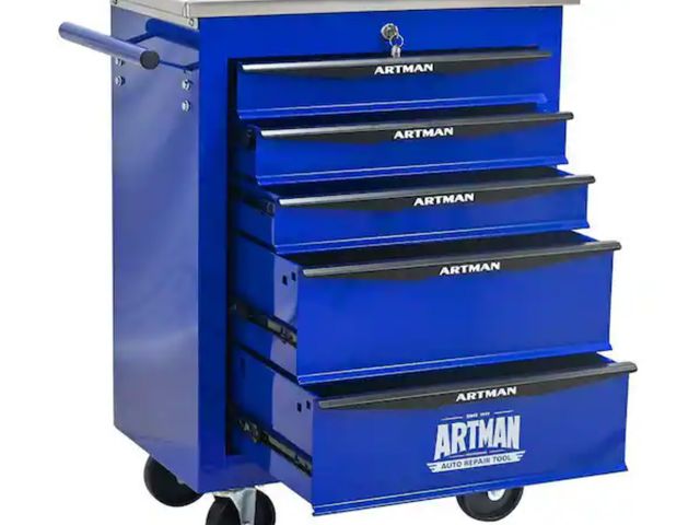 Lot 96-232551 - Damodpoy 5-Drawer 13.58 in. W Multi-Purpose Black and Blue Tool Cabinets on Wheels with Steel Top fo...