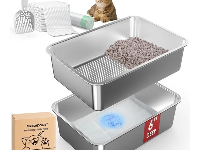Lot 96-170190 - 19.7''x13.7''x6'' Suzzipaws Stainless Steel Sifting Litter Box, Metal Cat Litter Box for Big Cats, S...