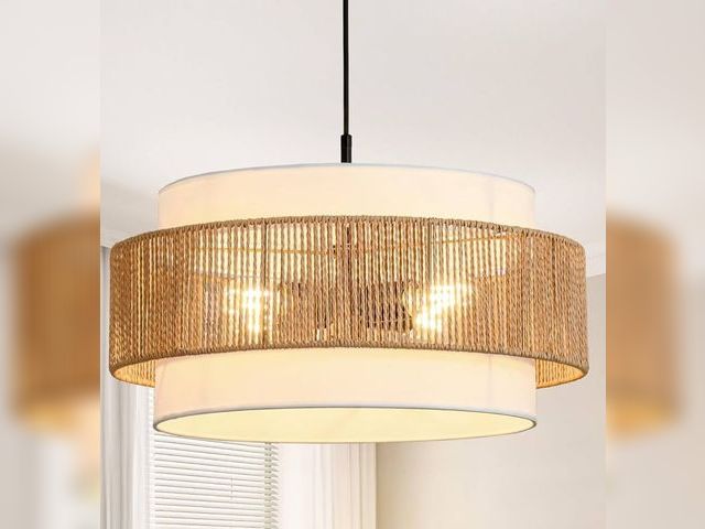Lot 96-171230 - Farmhouse Rattan Chandelier, 19.7" Boho Pendant Light Fixture with Fabric Lampshade, 4-Light Bohemia...