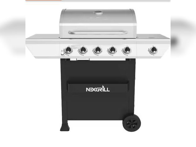 Lot 96-211370 - Nexgrill 5-Burner Propane Gas Grill in Stainless Steel with Side Burner and Condiment Rack MSRP $299...