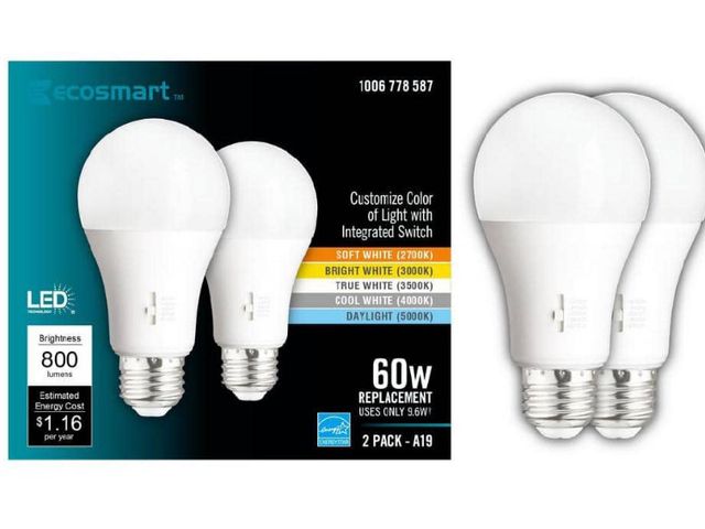Lot 96-173686 - EcoSmart 60-Watt Equivalent A19 Dimmable
CEC LED Light Bulb with Selectable Color Temperature (2- Pa...