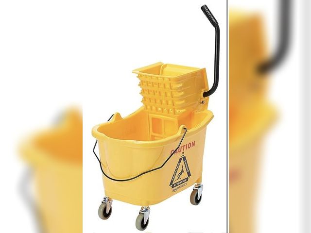 Lot 96-211502 - Amazon Basics Commercial Side Press Wringer Floor Cleaning Mop Bucket on Wheels, 35-Quart, Yellow Us...