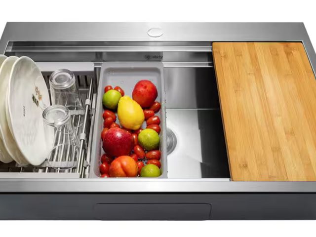 Lot 96-171895 - AKDY Handmade Drop-In 33 in. x 22 in. Single Bowl Stainless Steel Workstation Kitchen Sink with Acce...