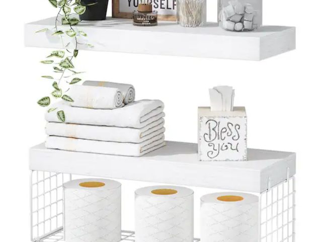 Lot 96-198232 - 15.7 in. W x 6.7 in. D White Wood Bathroom Shelves Over Toilet Floating Farmhouse Set of 2 Decorativ...