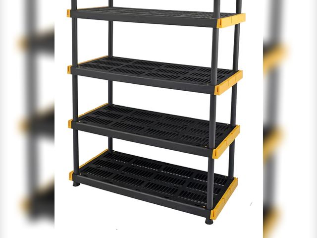 Lot 96-190078 - CX Black &amp; Yellow, 4-Tier Heavy Duty Plastic Storage Shelving Unit, 200lbs/shelf, for Garage Sto...