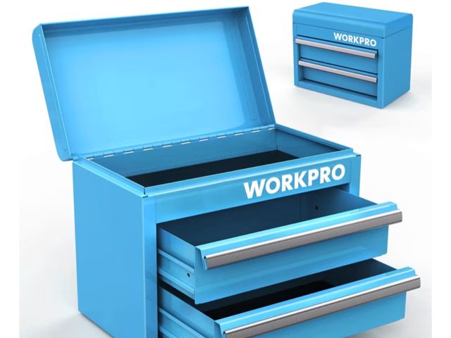 Lot 96-230623 - WORKPRO Mini Metal Tool Box with 2 Drawers and Top Storage, Small Tool Chest with PVC Liners and PP ...