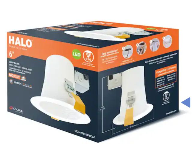 Lot 96-181843 - HALO 
CEZ 6 in. White Recessed Light Canless EZ-Trim E26 Lamp-Based Direct Mount. New.