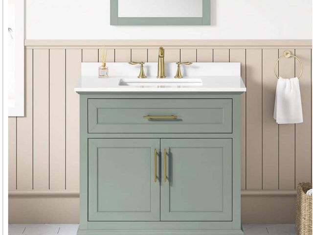 Lot 96-179089 - Home Decorators
Collection
Doveton 36 in. Single Sink Sage Green Bath Vanity with White Engineered S...