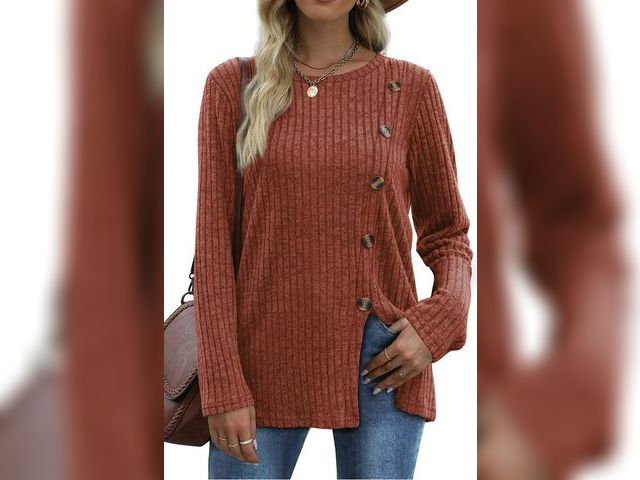 Lot 96-177650 - Fantaslook Blouses for Women Long Sleeve Crew Neck Tunic Tops Buttons Side Fall Shirts Size L New