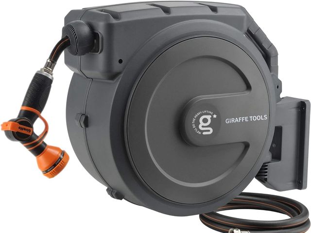 Lot 96-168726 - Giraffe Tools Retractable Garden Hose Reel 1/2 Inch x 130 ft, Super Heavy Duty, Any Length Lock, Slo...