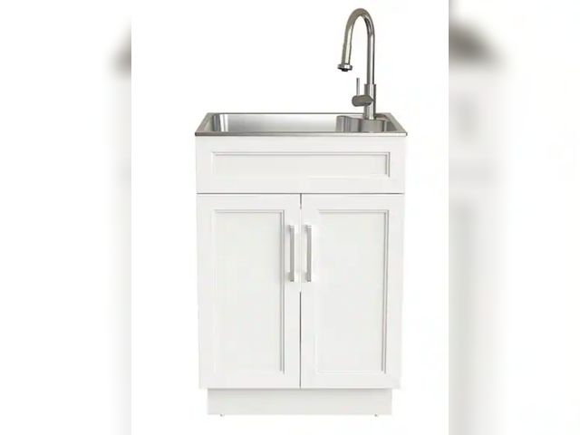 Lot 96-175419 - Glacier Bay
24 in. W x 21 in. D x 51 in. H Drop-In Stainless Steel Laundry Sink with Faucet and Cabi...