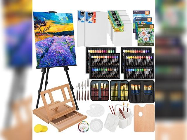 Lot 96-177323 - Nicpro 158PCS Deluxe Art Painting Kit with Metal and Solid Beech Wood Easel, Acrylic, Oil &amp; Wate...