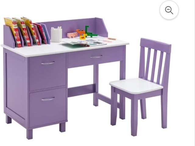 Lot 96-192384 - Costway Kids Wooden Study Desk &amp; Chair Writing Table with Drawer Storage Cabinet New MSRP _$159