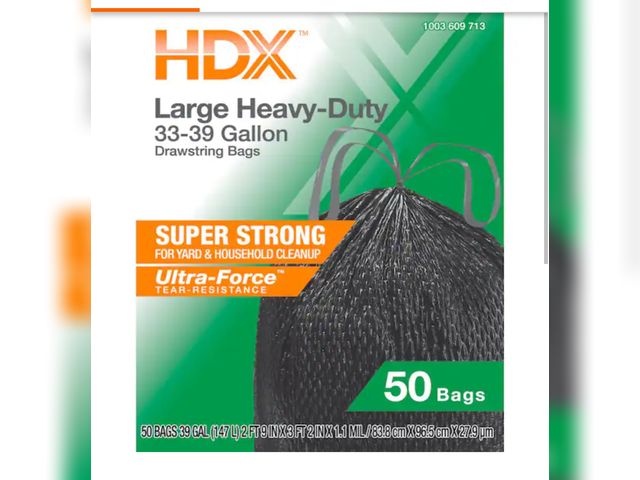 Lot 96-170500 - HDX
33-39-Gal. Black Heavy Duty Drawstring Trash Bags with 20% PCR (50-Count) New