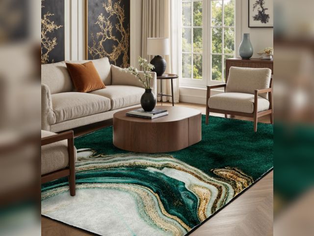 Lot 96-180761 - Emerald Green Marble Area Rug Washable Abstract Long Floor Mats Non-Slip Low Pile Soft Modern Indoor...
