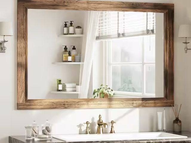 Lot 96-222246 - GLSLAND 24 in. W x 36 in. H Rectangular Wooden Dark Brown Framed Wall Vanity Mirror Bathroom Mirror
...