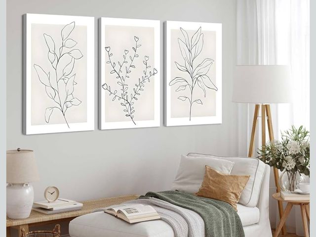 Lot 96-187697 - 3Pcs Framed Neutral Botanical Wall Art Minimalist Abstract Botanical Line Canvas Posters Prints Mode...