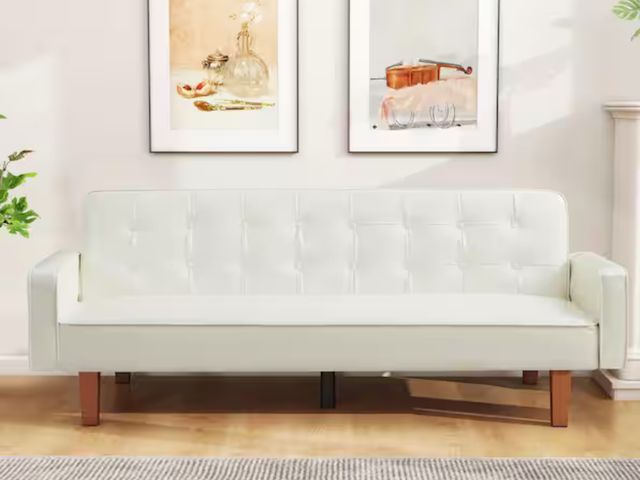 Lot 96-165893 - WONDER COMFORT Modern 38 in. White Twin Size Faux Leather Sofa Bed Convertible Sleeper Couch with Ar...