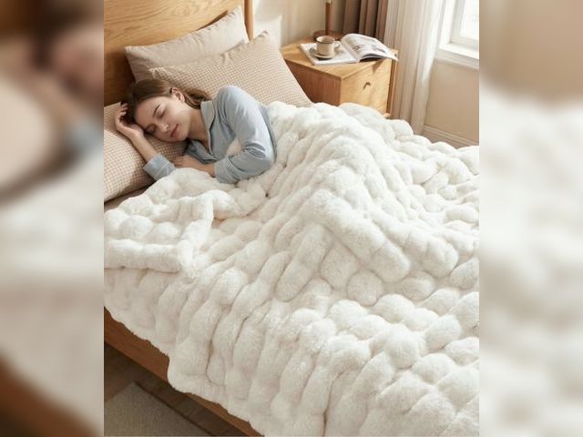 Lot 96-232913 - JONIYEAR Soft Decorative Fuzzy Bubble Faux Rabbit Fur Throw Blanket for Couch 50" x 60", Double Side...