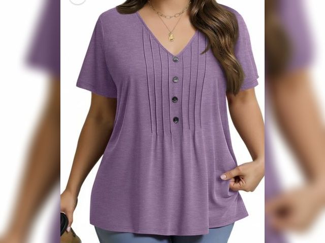 Lot 96-233092 - Fantaslook Plus Size Blouses for Women Pleated Button Short Sleeve Shirts Casual V Neck Tunic Tops S...