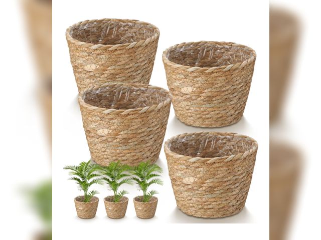 Lot 96-191085 - 4 Pcs Straw Plant Baskets Indoor Rattan Woven Flower Baskets with Plastic Liner, Plant Planter for I...
