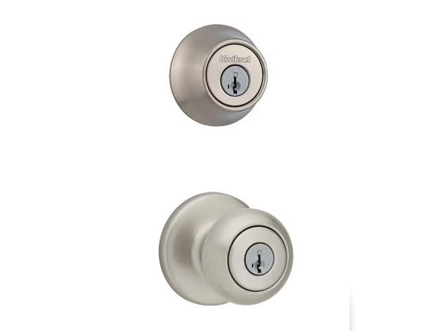 Lot 96-191775 - Cove Satin Nickel Keyed Entry Door Knob and Single Cylinder Deadbolt Combo Pack featuring SmartKey a...