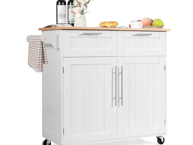 Lot 96-192373 - COSTWAY Kitchen Island on Wheels, Kitchen Cart with Side Towel Bar, 2 Drawers, 2 Door Cabinet, Rolli...