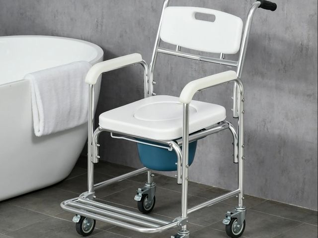 Lot 96-160353 - HOMCOM 3-in-1 Shower Commode Wheelchair, Transport Beside Commode Chair, Waterproof Rolling Over Toi...
