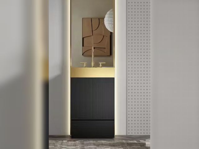 Lot 96-222311 - Afhocomp 20in. Freestanding Single Sink Black Bath Vanity with Gold Stainless Steel Top MSRP $465

N...