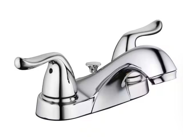Lot 96-179411 - Constructor 4 in. Centerset Double-Handle Low-Arc Bathroom Faucet in Polished Chrome New