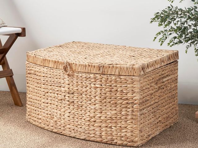 Lot 96-195220 - Rectangular Curve Water Hyacinth Woven Wicker Trunk with Handles - 26" X 19" X 14" - Natural Brown -...