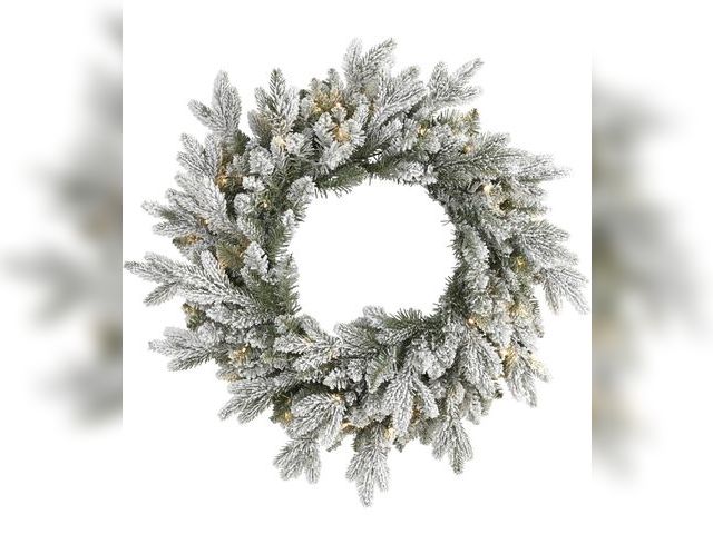 Lot 96-227628 - Flocked Christmas Wreath with Lights,24 Inch Artificial Pre-Lit Christmas Wreaths for Front Door, Po...
