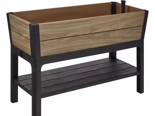 Lot 96-222092 - Vigoro Oak Vinyl Resin Garden Bed Planter with Storage Shelf (44 in. L x 18 in. W x 31 in. H) MSRP $...
