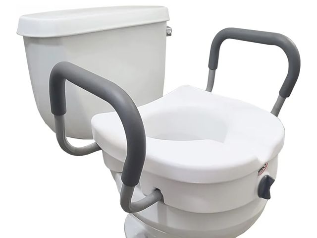 Lot 96-170341 - Carex E-Z Lock Raised Toilet Seat With Handles, 5" Toilet Seat Riser with Arms, Handicap Raised Toil...