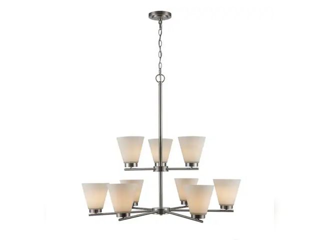 Lot 96-201366 - Bel Air Lighting Fifer 9-Light Brushed Nickel Tiered Chandelier Light Fixture with Frosted Glass Sha...