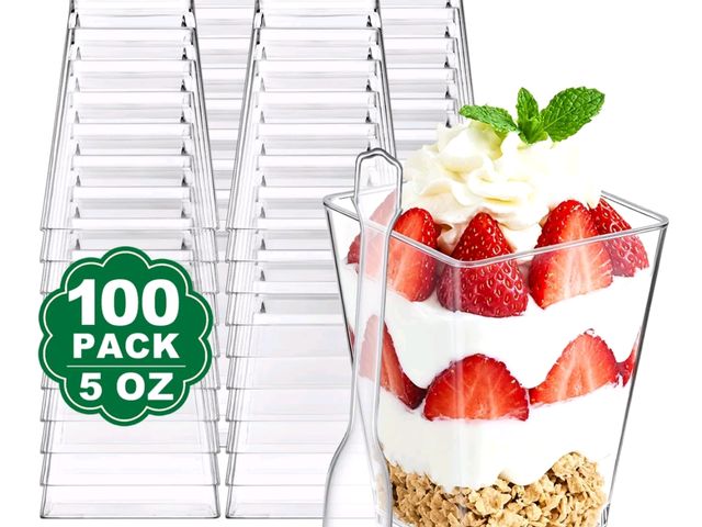 Lot 96-232702 - BagDream 100 Pack 5 oz Plastic Dessert Cups with Spoons, Mini Parfait Cups Disposable Dessert Shoote...