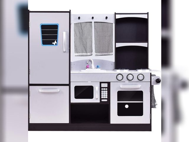 Lot 96-197982 - Costzon Kids Play Kitchen, Wooden Kids Kitchen Playset w/Realistic Sound, Microwave, Oven, Refrigera...