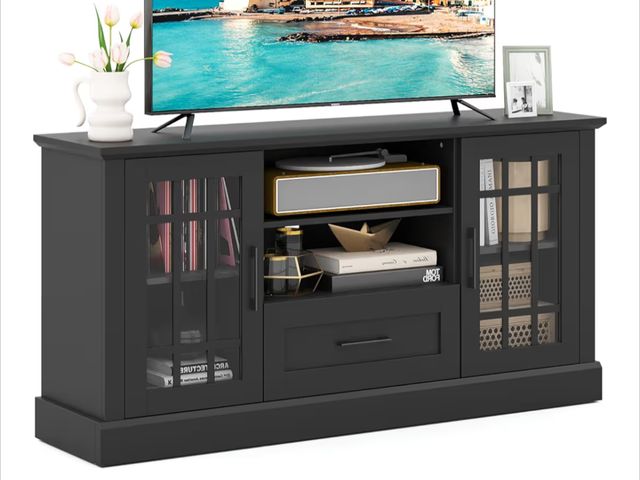 Lot 96-192187 - GOFLAME Farmhouse TV Stand for TVs up to 70", Entertainment Media Center Storage Cabinet with Glass ...