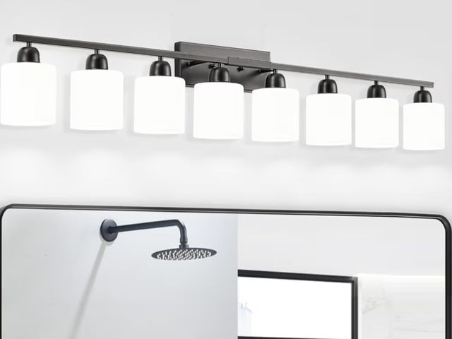 Lot 96-190206 - 8 Light Black Bathroom Light Fixtures Over Mirror for Big Mirror, Modern Bathroom Lighting with Milk...