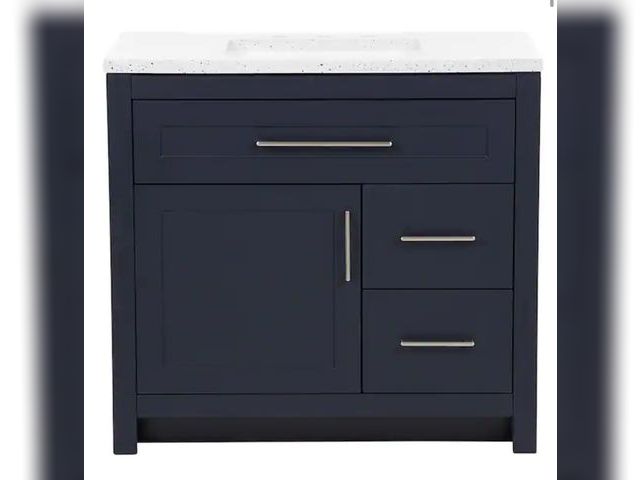 Lot 96-183673 - Home Decorators Collection
Clady 37 in. Single Sink Deep Blue Bath Vanity with Silver Ash Cultured M...