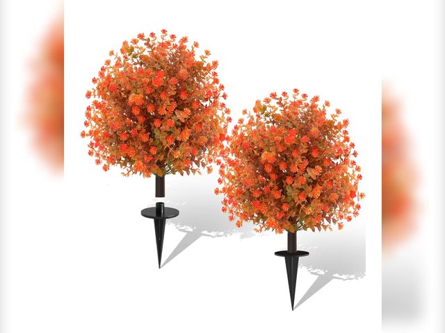Lot 96-177584 - 2 Pack Fall Artificial Topiary Bushes - 23" Boxwood Ball Trees with Mums, UV Resistant Faux Plants w...