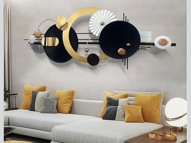 Lot 96-175737 - Large Modern Abstract Metal Wall Art, Black and Gold Geometric Circles Wall Decoration, Contemporary...