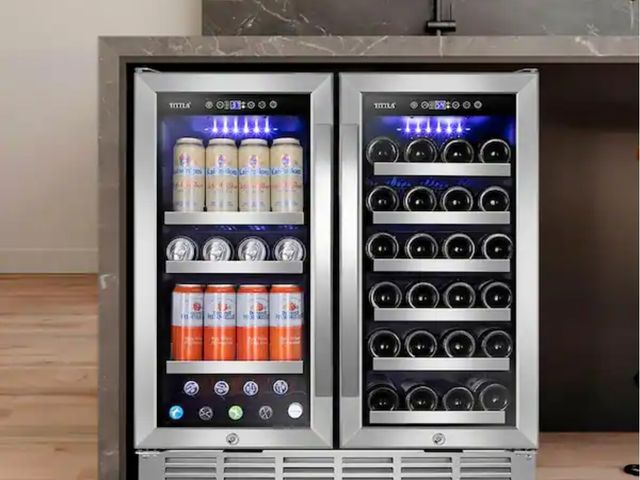 Lot 96-162674 - TITTLA
30.31 in. Dual Zone 33-Wine Bottles and 80-Cans Beverage, Wine Cooler in Silver Shutter Shape...