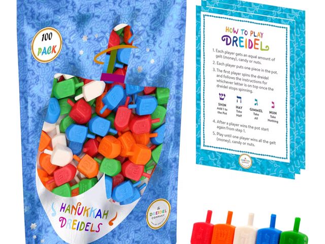 Lot 96-193499 - Case of 12 100-Pack Hanukkah Dreidels Multicolor Plastic Chanuka Draydels with English Transliterati...