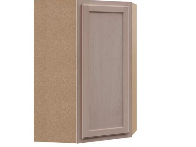 Lot 96-171959 - Hampton Bay 24 in. W x 12 in. D x 36 in. H Assembled Diagonal Corner Wall Kitchen Cabinet in Unfinis...