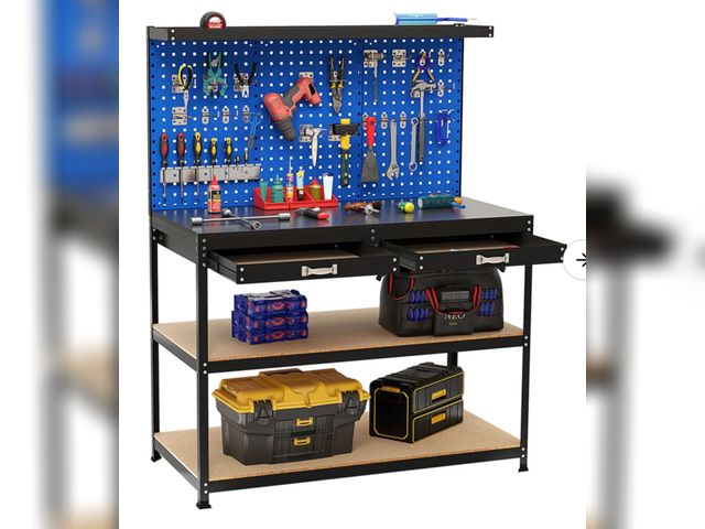 Lot 96-227091 - 48 x 24 Inch Workbench Work Table with 3 PCs Pegboard Drawer and Shelves, Blue 
Open box 
Appears Un...