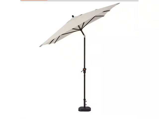 Lot 96-226240 - Hampton Bay 6.5 ft. x 10 ft. Aluminum Market Auto-Tilt Patio Umbrella in Putty Beige MSRP $169 New