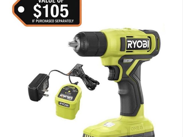 Lot 96-221974 - RYOBI ONE+ 18V Cordless 3/8 in.
Drill/Driver Kit with Compact Battery and Charger New