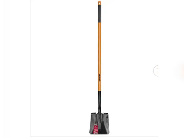 Lot 96-165144 - Husky 47 in. L Wood Handle Carbon Steel Transfer Shovel with Grip Handle is torn up at tip