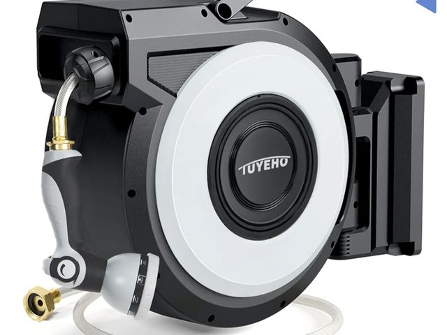 Lot 96-172552 - Tuyeho Retractable Garden Hose Reel 100FT, Wall Mount Heavy Duty Water Hose Reels with Automatic Slo...
